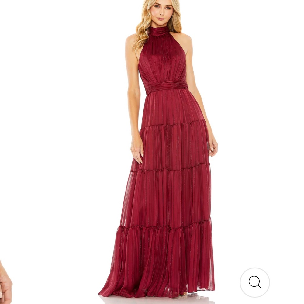 Mac Duggal 4 NWT Burgundy Chiffon Tie Neck Tiered Halter Maxi Gown NWT